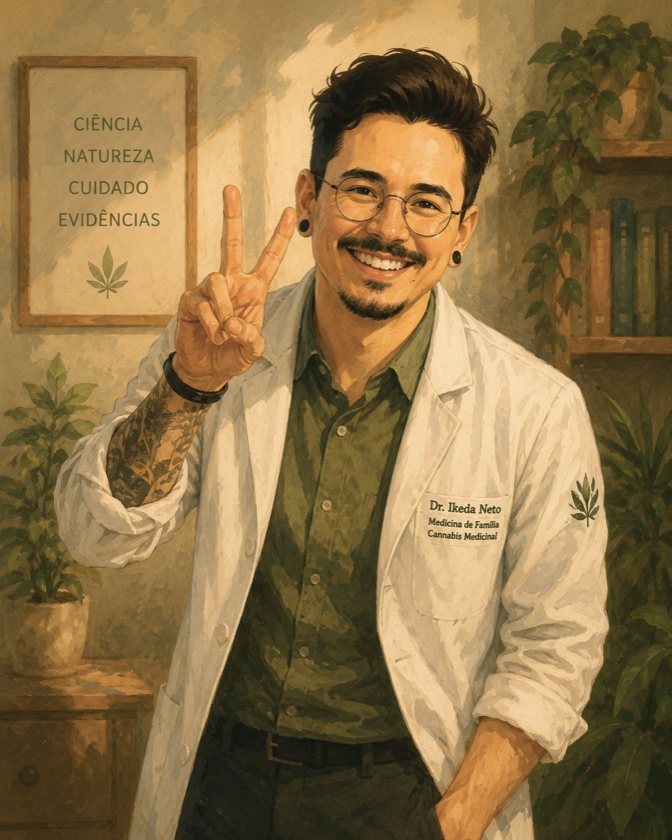 Ilustração em pintura digital do Dr. Ikeda Neto sorrindo em seu consultório, cercado de plantas e livros, ao lado de um quadro com as palavras ciência, natureza, cuidado e evidências