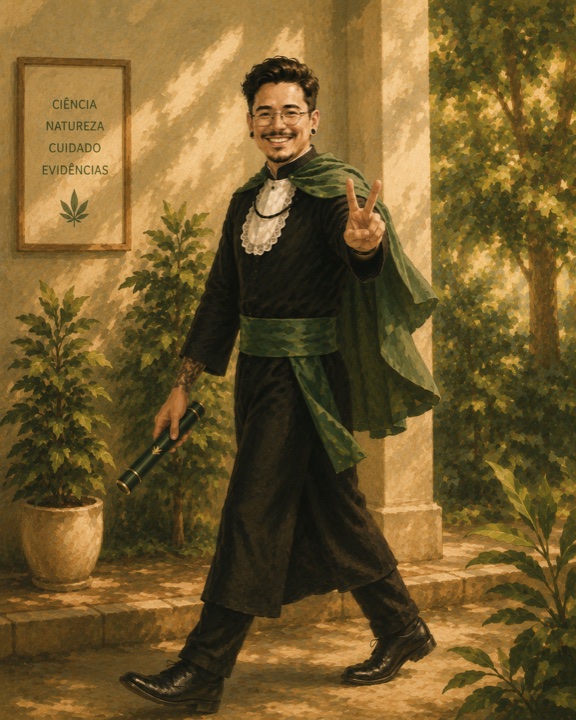 Ilustração em pintura digital do Dr. Ikeda Neto caminhando em dia de colação de grau, de beca e faixa verde, segurando o diploma